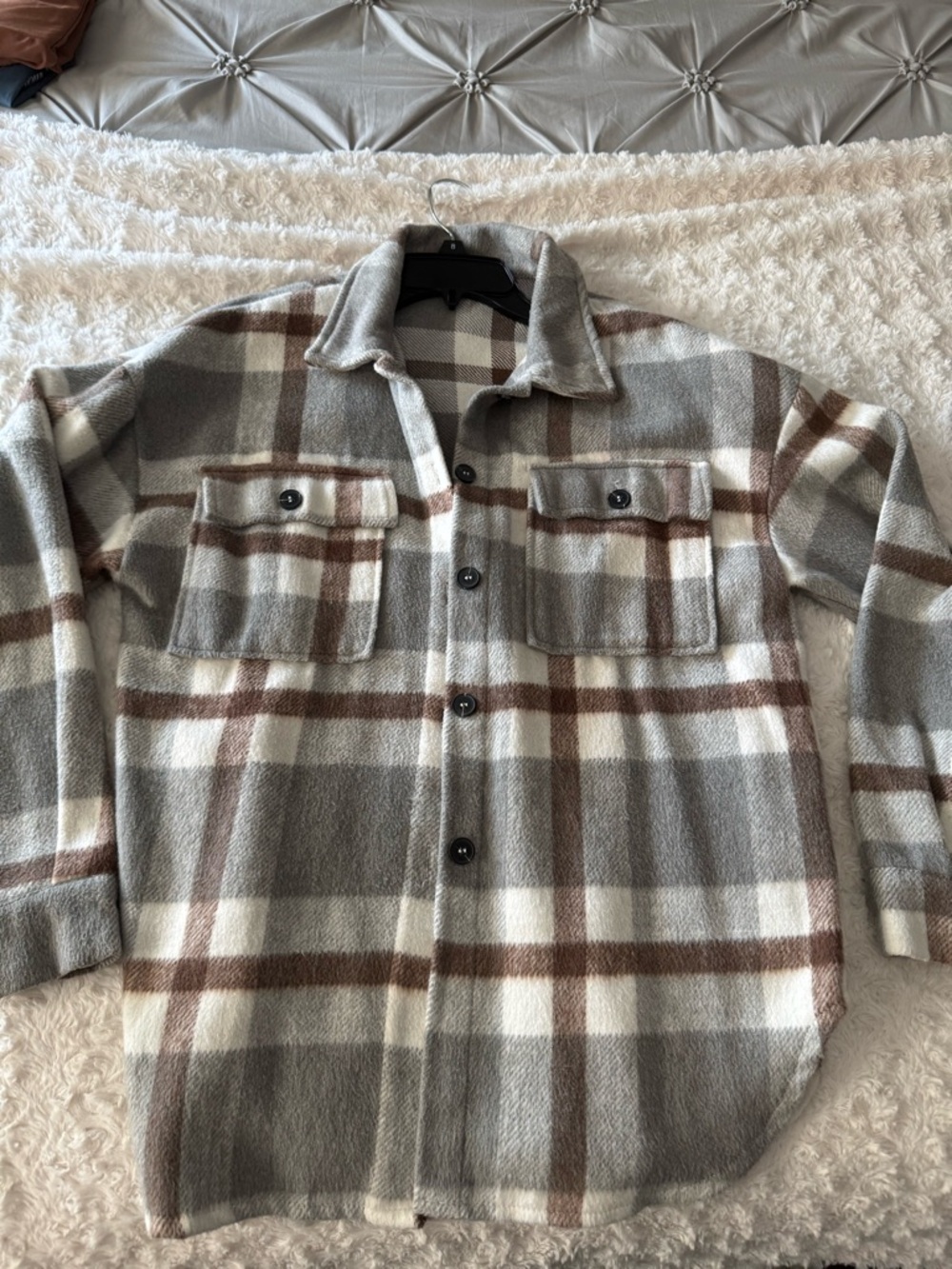 Plaid Button-Up Shacket in Gray, White & Brown